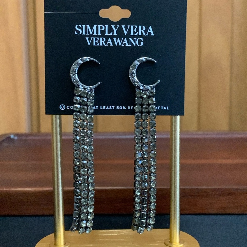 NWT Simply Vera Vera Wang gun metal tone rhinestone moon earrings